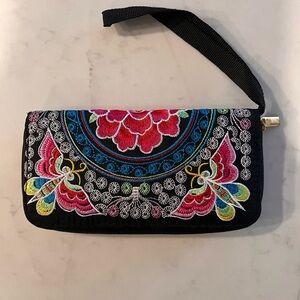 Embroidered Butterfly Black Clutch 8" X 4"